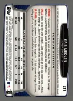 2013 Bowman Chrome #211 - Kris Medlen - Atlanta Braves - Back