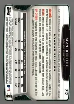 2013 Bowman Chrome #212 - Sean Doolittle - Oakland Athletics - Back