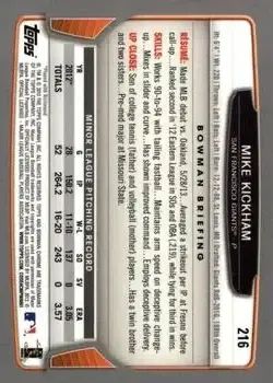 2013 Bowman Chrome #216 - Mike Kickham - San Francisco Giants - Back
