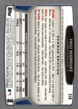 2013 Bowman Chrome #218 - Paco Rodriguez - Los Angeles Dodgers - Back