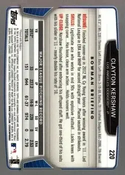 2013 Bowman Chrome #220 - Clayton Kershaw - Los Angeles Dodgers - Back