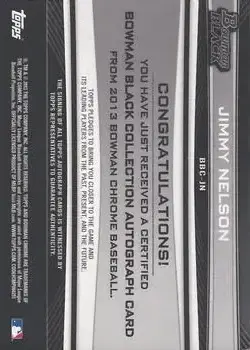 2013 Bowman Chrome - Black Collection Autographs #BBC-JN - Jimmy Nelson - Milwaukee Brewers - Back