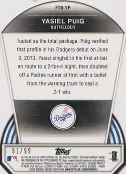 2013 Bowman Chrome - Fit the Bill #FTB-YP - Yasiel Puig - Los Angeles Dodgers - Back