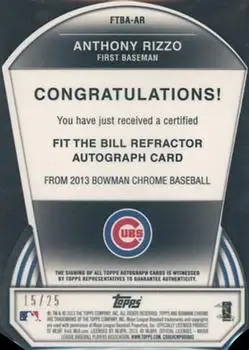 2013 Bowman Chrome - Fit the Bill Autographs #FTBA-AR - Anthony Rizzo - Chicago Cubs - Back