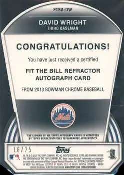 2013 Bowman Chrome - Fit the Bill Autographs #FTBA-DW - David Wright - New York Mets - Back