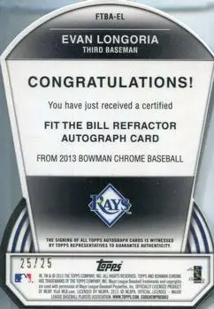 2013 Bowman Chrome - Fit the Bill Autographs #FTBA-EL - Evan Longoria - Tampa Bay Rays - Back