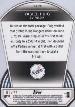 2013 Bowman Chrome - Fit the Bill X-Fractors #FTB-YP - Yasiel Puig - Los Angeles Dodgers - Back