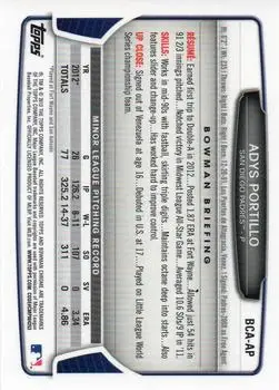 2013 Bowman Chrome - Prospect Autographs #BCA-AP - Adys Portillo - San Diego Padres - Back
