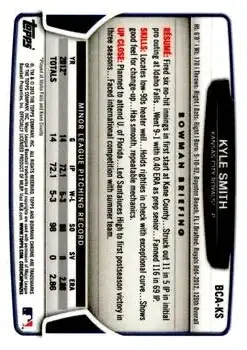 2013 Bowman Chrome - Prospect Autographs #BCA-KS - Kyle Smith - Kansas City Royals - Back