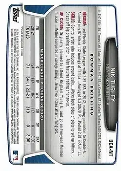 2013 Bowman Chrome - Prospect Autographs #BCA-NT - Nik Turley - New York Yankees - Back