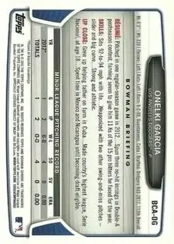 2013 Bowman Chrome - Prospect Autographs #BCA-OG - Onelki Garcia - Los Angeles Dodgers - Back