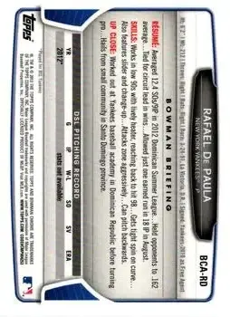 2013 Bowman Chrome - Prospect Autographs #BCA-RD - Rafael De Paula - New York Yankees - Back