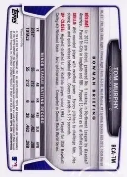 2013 Bowman Chrome - Prospect Autographs #BCA-TM - Tom Murphy - Colorado Rockies - Back