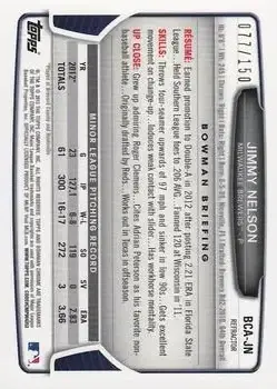 2013 Bowman Chrome - Prospect Autographs Blue Refractor #BCA-JN - Jimmy Nelson - Milwaukee Brewers - Back