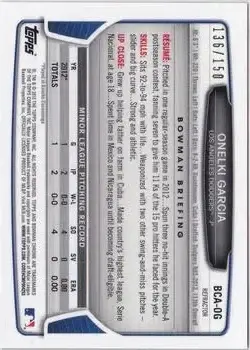 2013 Bowman Chrome - Prospect Autographs Blue Refractor #BCA-OG - Onelki Garcia - Los Angeles Dodgers - Back