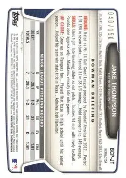 2013 Bowman Chrome - Prospect Autographs Blue Refractor #BCP-JT - Jake Thompson - Detroit Tigers - Back