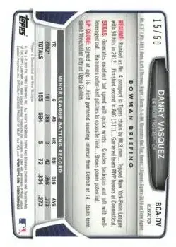 2013 Bowman Chrome - Prospect Autographs Gold Refractor #BCA-DV - Danry Vasquez - Detroit Tigers - Back