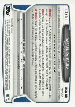 2013 Bowman Chrome - Prospect Autographs Gold Refractor #BCA-RD - Rafael De Paula - New York Yankees - Back