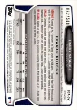 2013 Bowman Chrome - Prospect Autographs Refractor #BCA-DV - Danry Vasquez - Detroit Tigers - Back