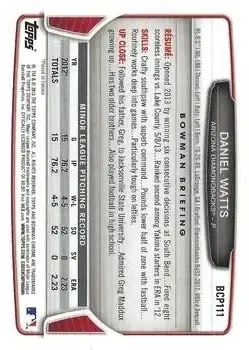 2013 Bowman Chrome - Prospects #BCP111 - Daniel Watts - Arizona Diamondbacks - Back