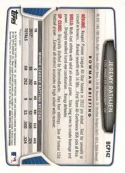 2013 Bowman Chrome - Prospects #BCP142 - Jeremy Rathjen - Los Angeles Dodgers - Back