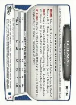 2013 Bowman Chrome - Prospects #BCP144 - C.J. Edwards - Texas Rangers - Back