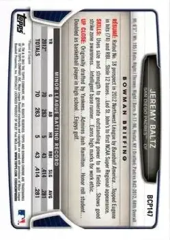 2013 Bowman Chrome - Prospects #BCP147 - Jeremy Baltz - San Diego Padres - Back