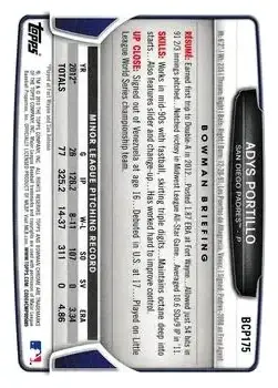 2013 Bowman Chrome - Prospects #BCP175 - Adys Portillo - San Diego Padres - Back