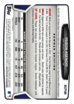 2013 Bowman Chrome - Prospects #BCP189 - Yeison Asencio - San Diego Padres - Back