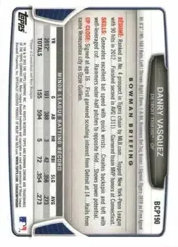 2013 Bowman Chrome - Prospects #BCP190 - Danry Vasquez - Detroit Tigers - Back