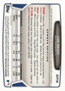 2013 Bowman Chrome - Prospects #BCP196 - Luis Mateo - New York Mets - Back
