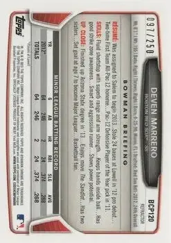 2013 Bowman Chrome - Prospects Blue Refractors #BCP120 - Deven Marrero - Boston Red Sox - Back
