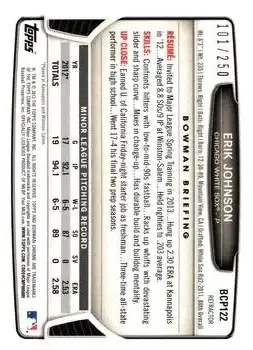 2013 Bowman Chrome - Prospects Blue Refractors #BCP122 - Erik Johnson - Chicago White Sox - Back