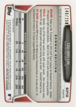 2013 Bowman Chrome - Prospects Blue Refractors #BCP133 - Tzu-Wei Lin - Boston Red Sox - Back