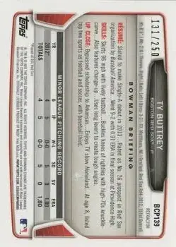 2013 Bowman Chrome - Prospects Blue Refractors #BCP139 - Ty Buttrey - Boston Red Sox - Back