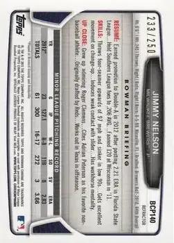 2013 Bowman Chrome - Prospects Blue Refractors #BCP140 - Jimmy Nelson - Milwaukee Brewers - Back