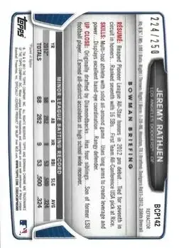 2013 Bowman Chrome - Prospects Blue Refractors #BCP142 - Jeremy Rathjen - Los Angeles Dodgers - Back
