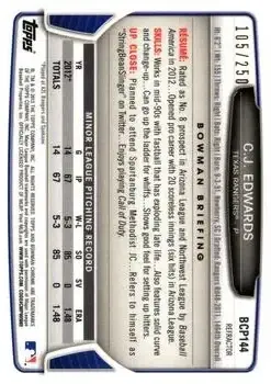 2013 Bowman Chrome - Prospects Blue Refractors #BCP144 - C.J. Edwards - Texas Rangers - Back