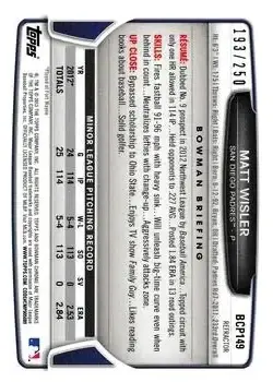 2013 Bowman Chrome - Prospects Blue Refractors #BCP149 - Matt Wisler - San Diego Padres - Back