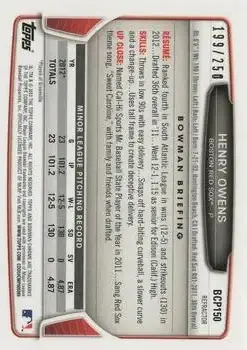 2013 Bowman Chrome - Prospects Blue Refractors #BCP150 - Henry Owens - Boston Red Sox - Back