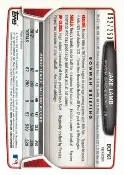 2013 Bowman Chrome - Prospects Blue Refractors #BCP161 - Jake Lamb - Arizona Diamondbacks - Back