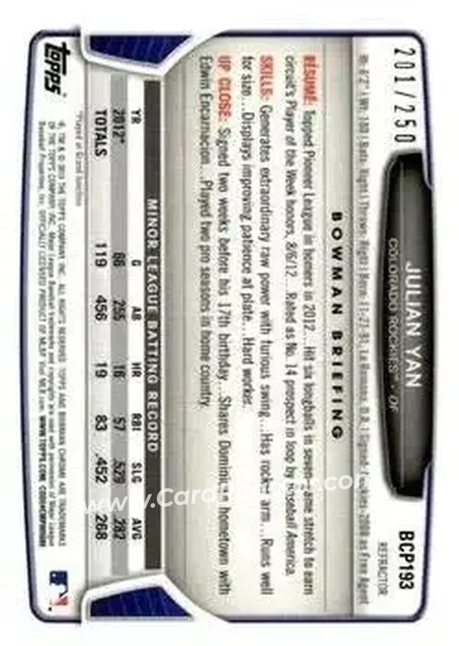 2013 Bowman Chrome - Prospects Blue Refractors #BCP193 - Julian Yan - Colorado Rockies - Back