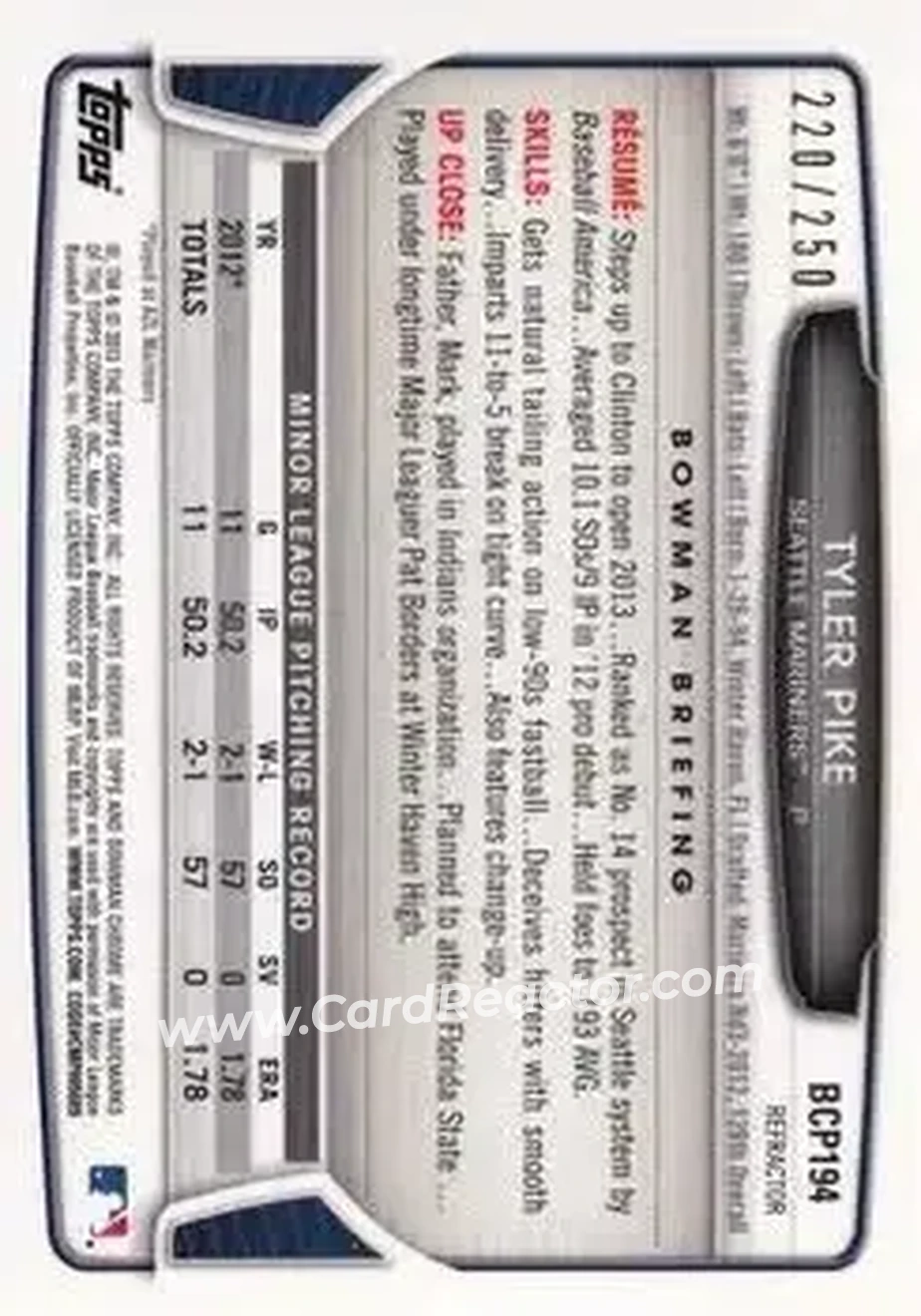 2013 Bowman Chrome - Prospects Blue Refractors #BCP194 - Tyler Pike - Seattle Mariners - Back