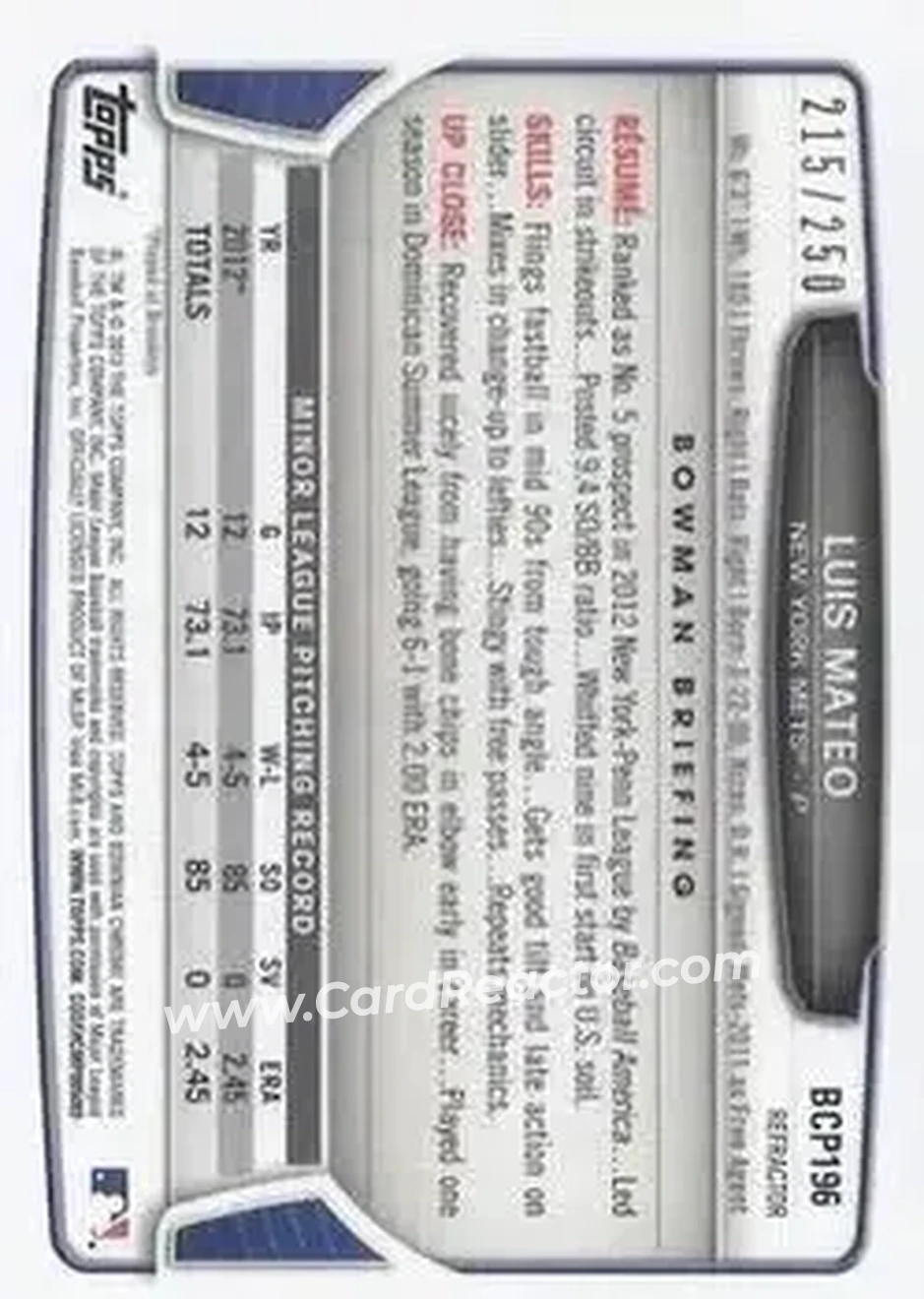 2013 Bowman Chrome - Prospects Blue Refractors #BCP196 - Luis Mateo - New York Mets - Back