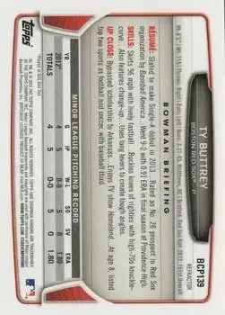 2013 Bowman Chrome - Prospects Blue Wave Refractors #BCP139 - Ty Buttrey - Boston Red Sox - Back