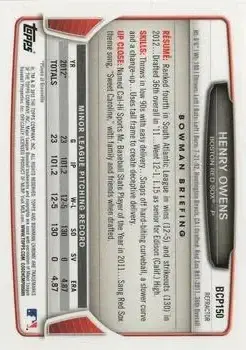 2013 Bowman Chrome - Prospects Blue Wave Refractors #BCP150 - Henry Owens - Boston Red Sox - Back
