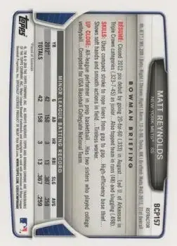 2013 Bowman Chrome - Prospects Blue Wave Refractors #BCP157 - Matt Reynolds - New York Mets - Back