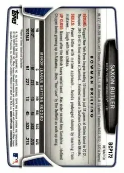 2013 Bowman Chrome - Prospects Blue Wave Refractors #BCP172 - Saxon Butler - New York Yankees - Back