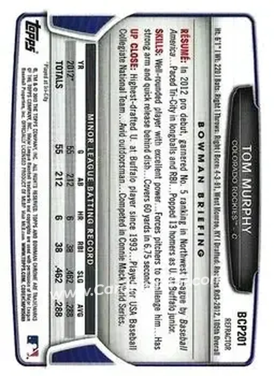 2013 Bowman Chrome - Prospects Blue Wave Refractors #BCP201 - Tom Murphy - Colorado Rockies - Back