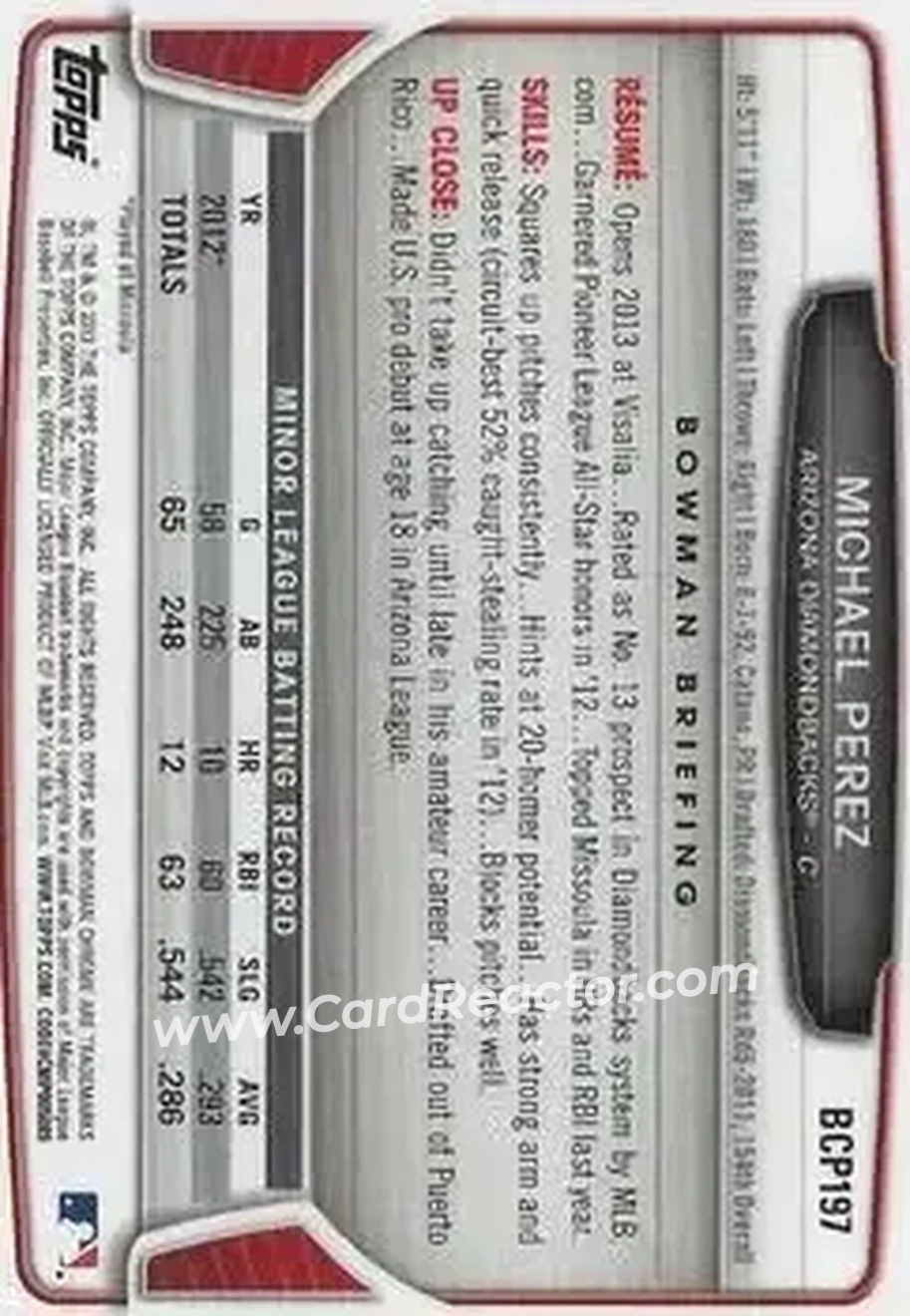 2013 Bowman Chrome - Prospects #BCP197 - Michael Perez - Arizona Diamondbacks - Back